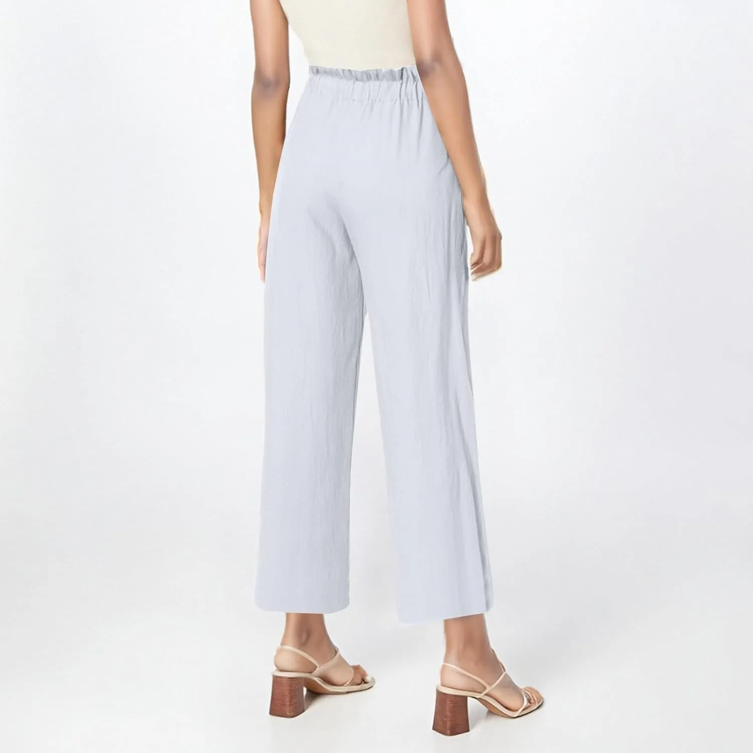 Cropped Linen Pants for Women Elastic High Waisted Wide Leg Beach Trousers Loose Casual Summer Capri Pants with Pocket