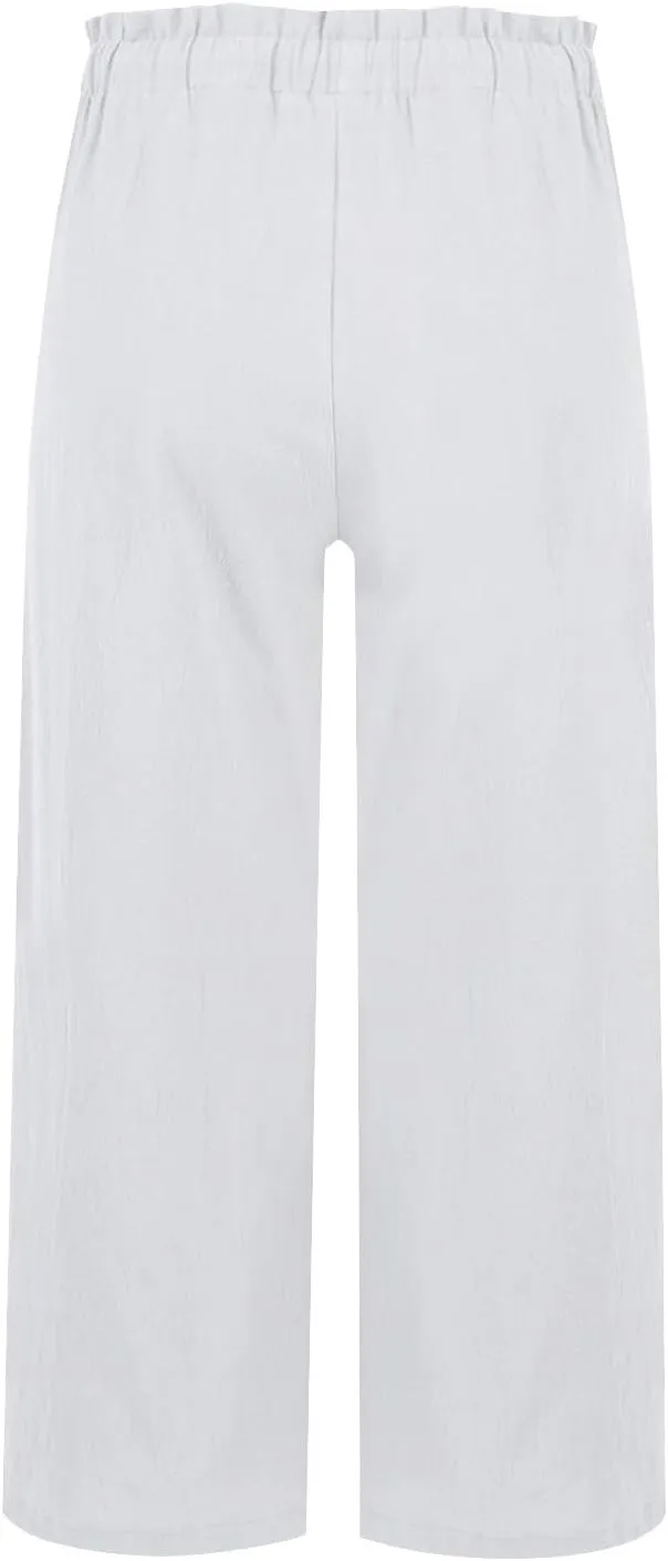 Cropped Linen Pants for Women Elastic High Waisted Wide Leg Beach Trousers Loose Casual Summer Capri Pants with Pocket