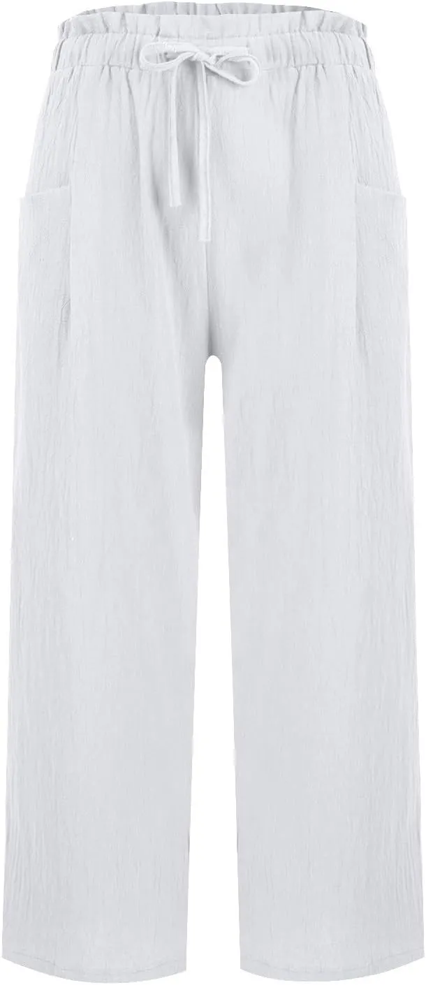 Cropped Linen Pants for Women Elastic High Waisted Wide Leg Beach Trousers Loose Casual Summer Capri Pants with Pocket