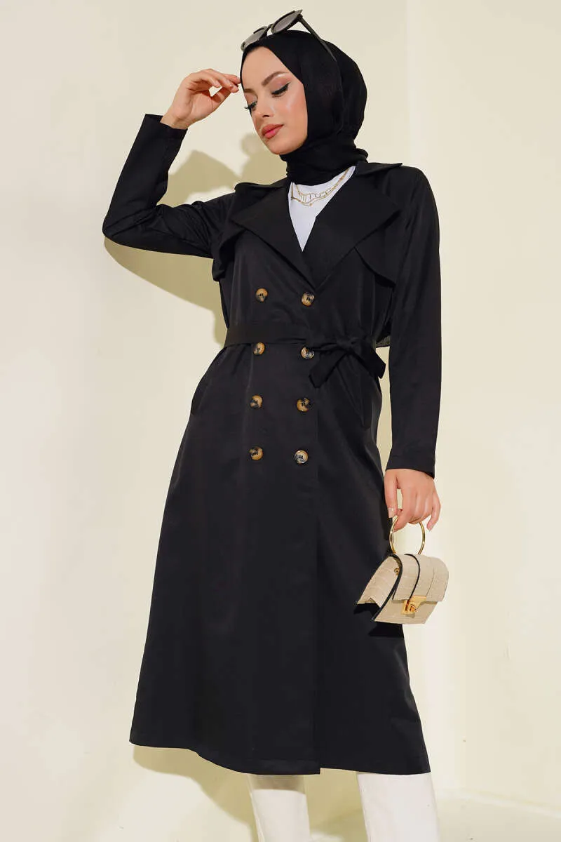 Eight-Button Belted Trench Coat Black