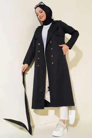 Eight-Button Belted Trench Coat Black