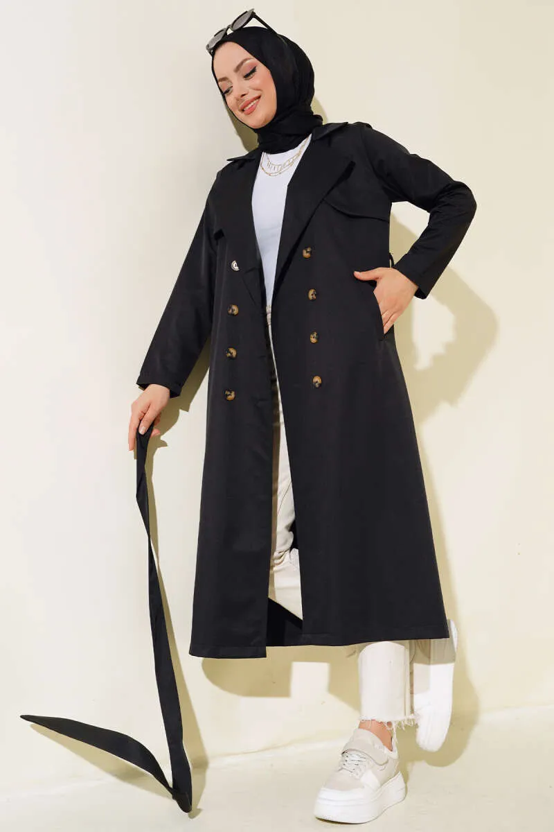 Eight-Button Belted Trench Coat Black