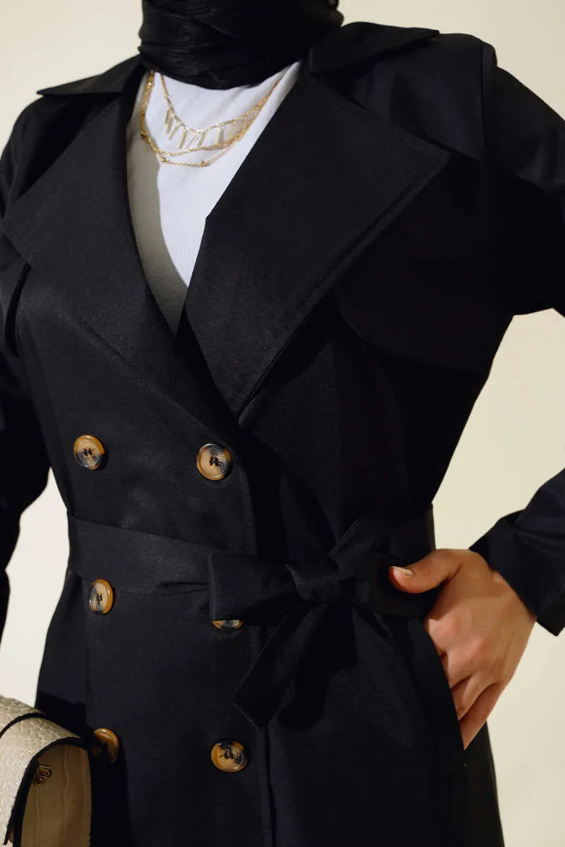 Eight-Button Belted Trench Coat Black
