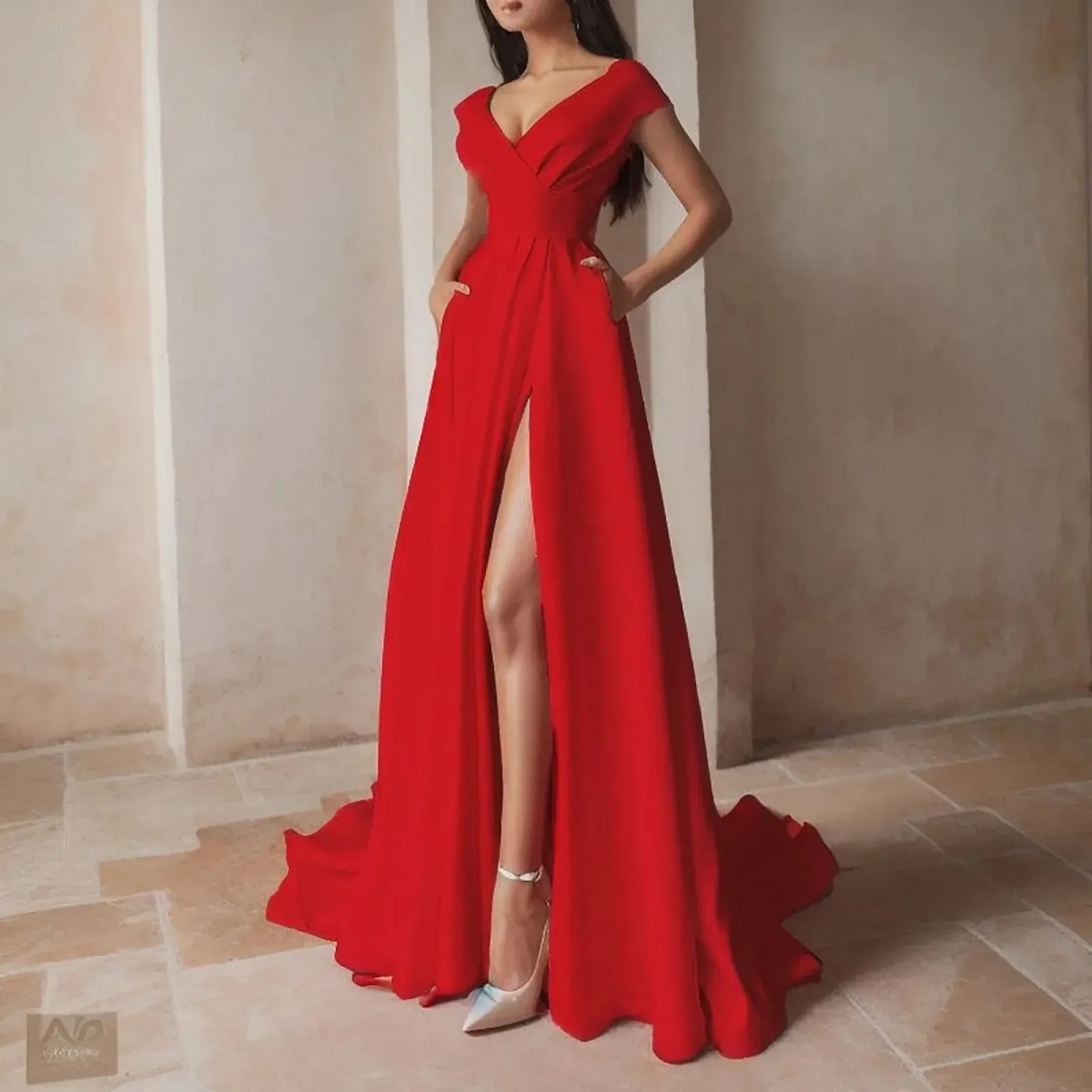 Elegant Sexy Backless V-neck White High Waist Side Split Floor-Length Infinity Casual Wedding Dress
