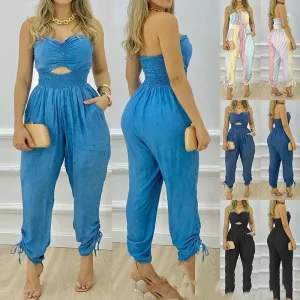 European And American Women's New Blue Tube Top One-piece Trousers