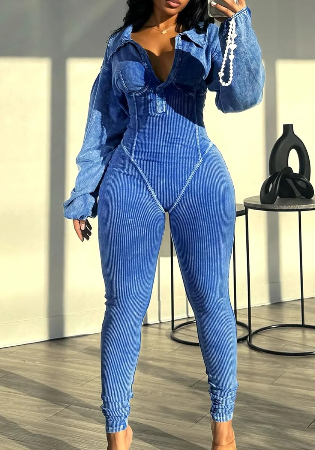 Famnbro Womens Sexy Jumpsuit V Neck Long Sleeve Bodycon One Piece Jumpsuits Ribbed Romper Club Outfits