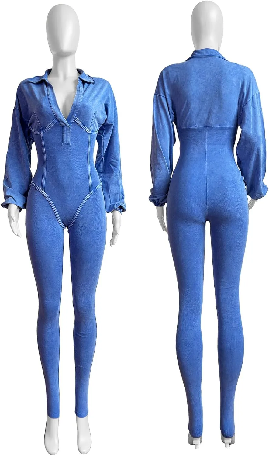 Famnbro Womens Sexy Jumpsuit V Neck Long Sleeve Bodycon One Piece Jumpsuits Ribbed Romper Club Outfits