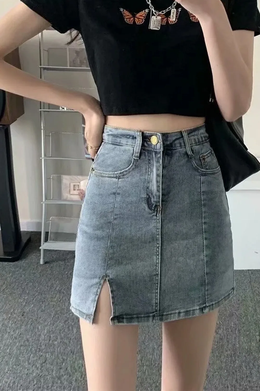 Flytonn-cute winter outfits casual winter outfits christmas outfit party look inspos High Waist Front Slit Short Denim Skirts