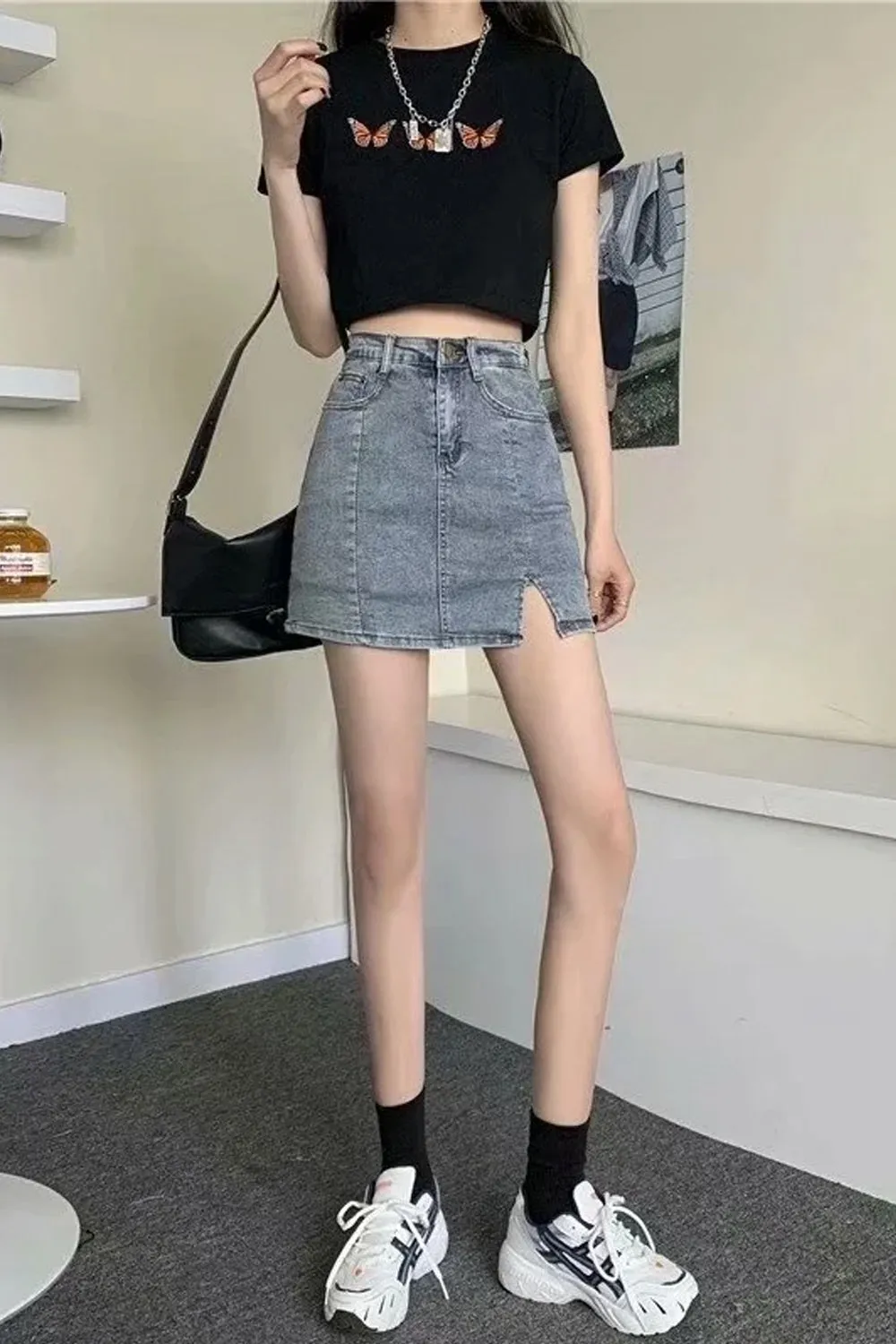Flytonn-cute winter outfits casual winter outfits christmas outfit party look inspos High Waist Front Slit Short Denim Skirts