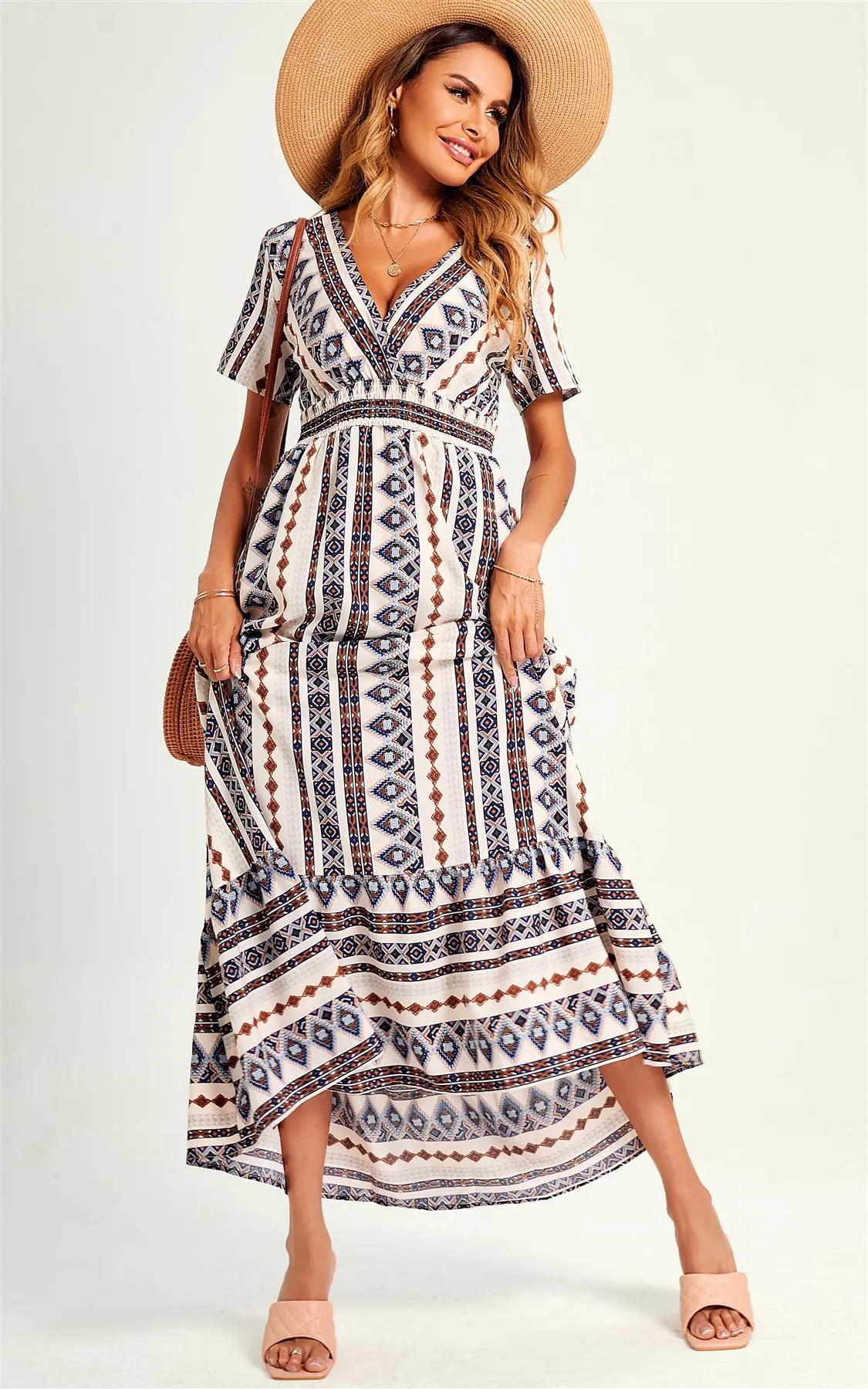 Geometric Print V Neck Maxi Dress In Beige