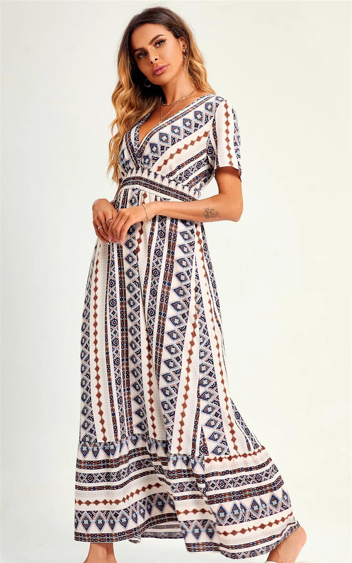 Geometric Print V Neck Maxi Dress In Beige