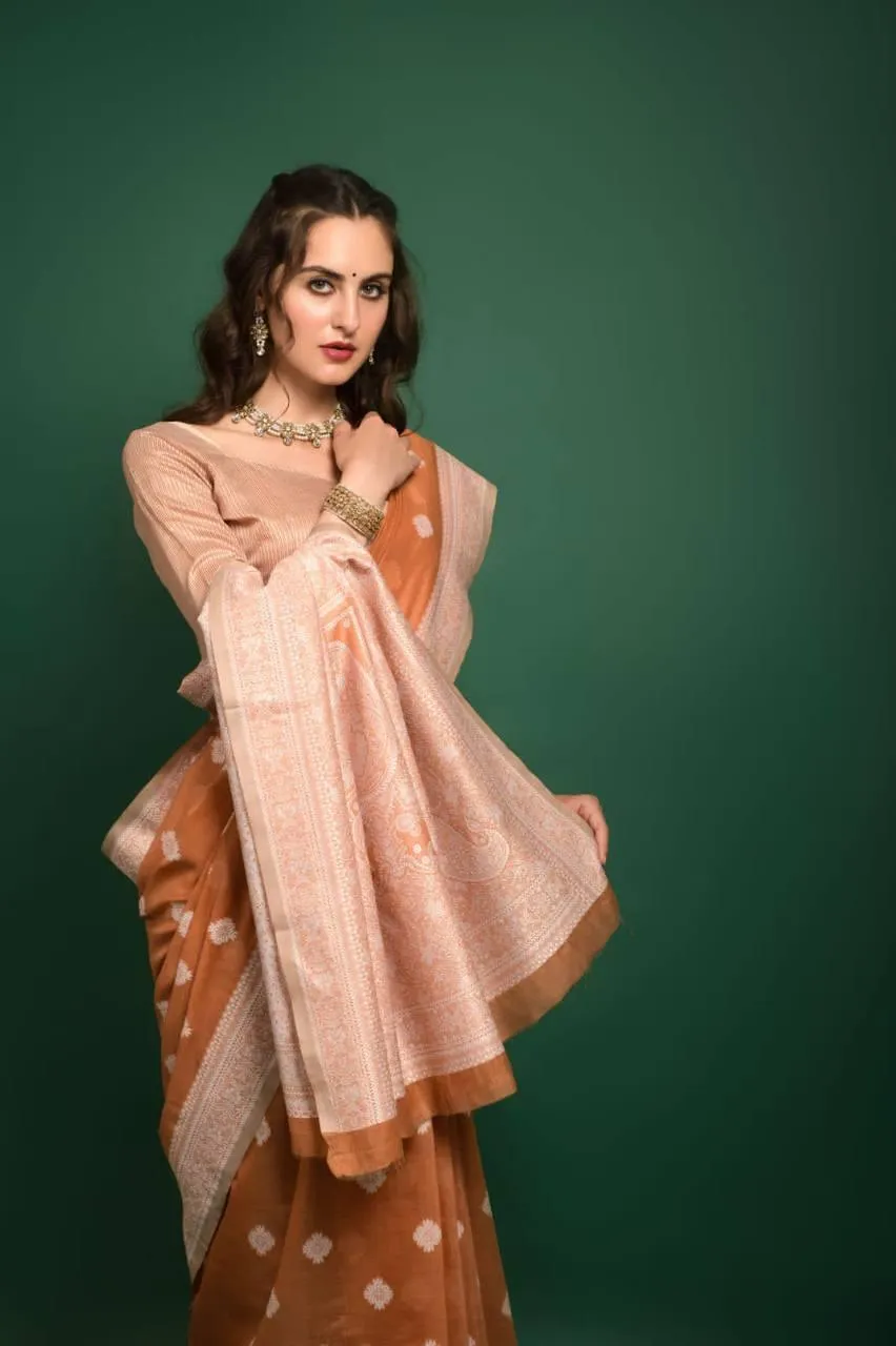 Ginger Orange Lucknowi Chikankari  Saree