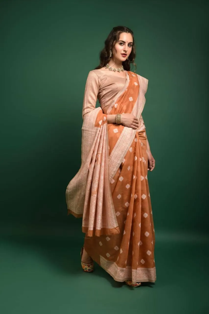 Ginger Orange Lucknowi Chikankari  Saree