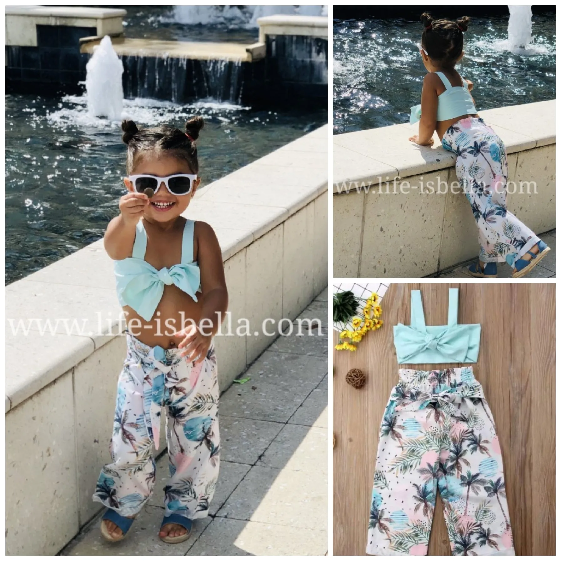 Girls 2 Pieces Outfit Strap Sleeveless Bow Vest Crop Tops And Button Down Flower Print Pants Girls Summer Set