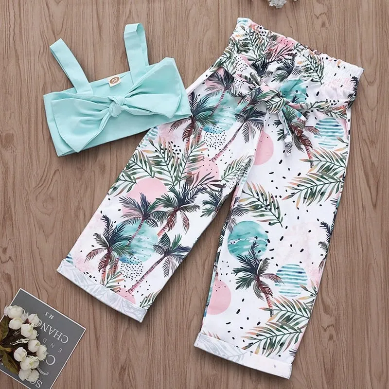 Girls 2 Pieces Outfit Strap Sleeveless Bow Vest Crop Tops And Button Down Flower Print Pants Girls Summer Set