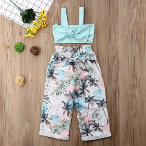 Girls 2 Pieces Outfit Strap Sleeveless Bow Vest Crop Tops And Button Down Flower Print Pants Girls Summer Set