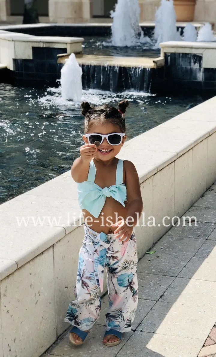 Girls 2 Pieces Outfit Strap Sleeveless Bow Vest Crop Tops And Button Down Flower Print Pants Girls Summer Set