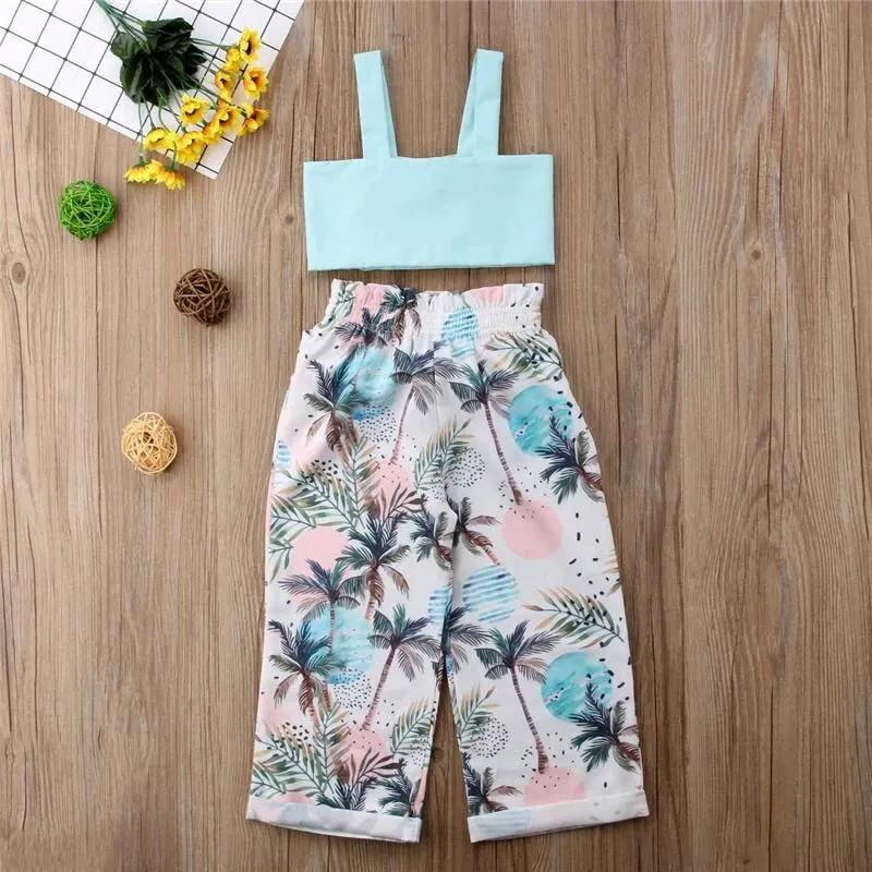 Girls 2 Pieces Outfit Strap Sleeveless Bow Vest Crop Tops And Button Down Flower Print Pants Girls Summer Set