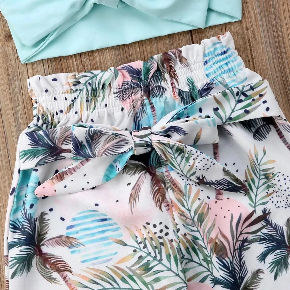 Girls 2 Pieces Outfit Strap Sleeveless Bow Vest Crop Tops And Button Down Flower Print Pants Girls Summer Set
