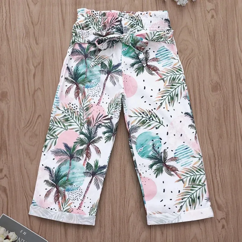 Girls 2 Pieces Outfit Strap Sleeveless Bow Vest Crop Tops And Button Down Flower Print Pants Girls Summer Set