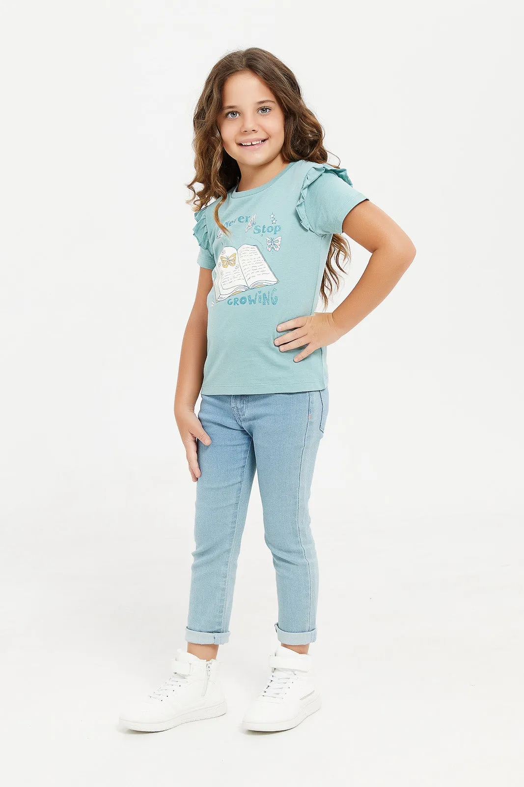 Girls Blue Printed With Frilled Sleeve T-Shirt