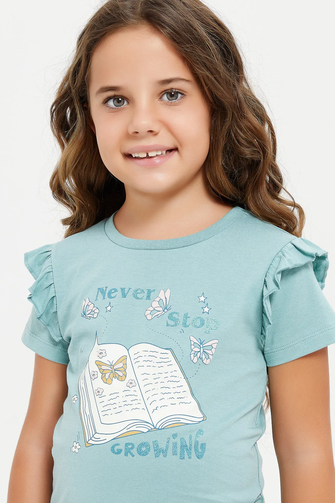 Girls Blue Printed With Frilled Sleeve T-Shirt