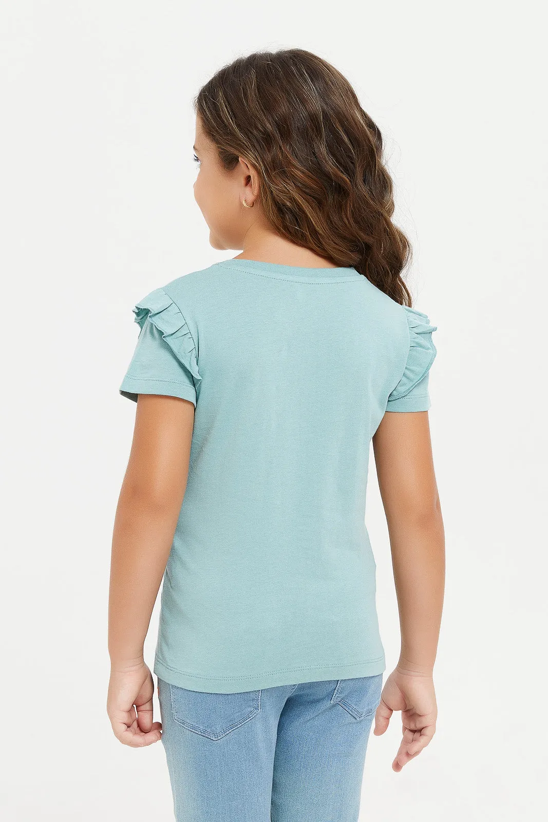 Girls Blue Printed With Frilled Sleeve T-Shirt