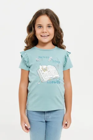 Girls Blue Printed With Frilled Sleeve T-Shirt