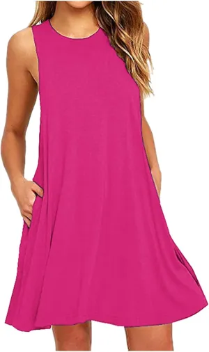 hlysgo Beach Dresses for Women 2025 Summer Sleeveless Crew Neck Casual Dress Solid Soft Comfy Mini Sundress with Pockets