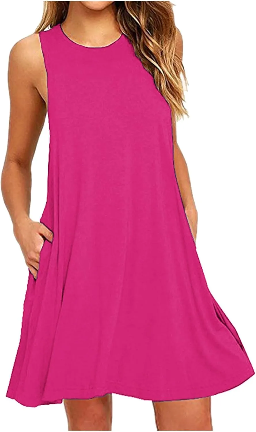 hlysgo Beach Dresses for Women 2025 Summer Sleeveless Crew Neck Casual Dress Solid Soft Comfy Mini Sundress with Pockets