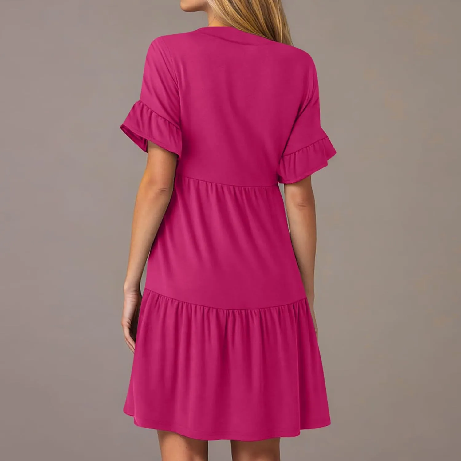 hlysgo Dresses for Women 2025 Casual Loose Fit Ruffled Short Sleeve V Neck Mini Dress Summer Short Beach Dress with Pockets
