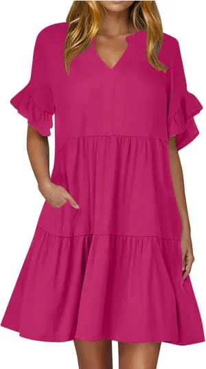 hlysgo Dresses for Women 2025 Casual Loose Fit Ruffled Short Sleeve V Neck Mini Dress Summer Short Beach Dress with Pockets