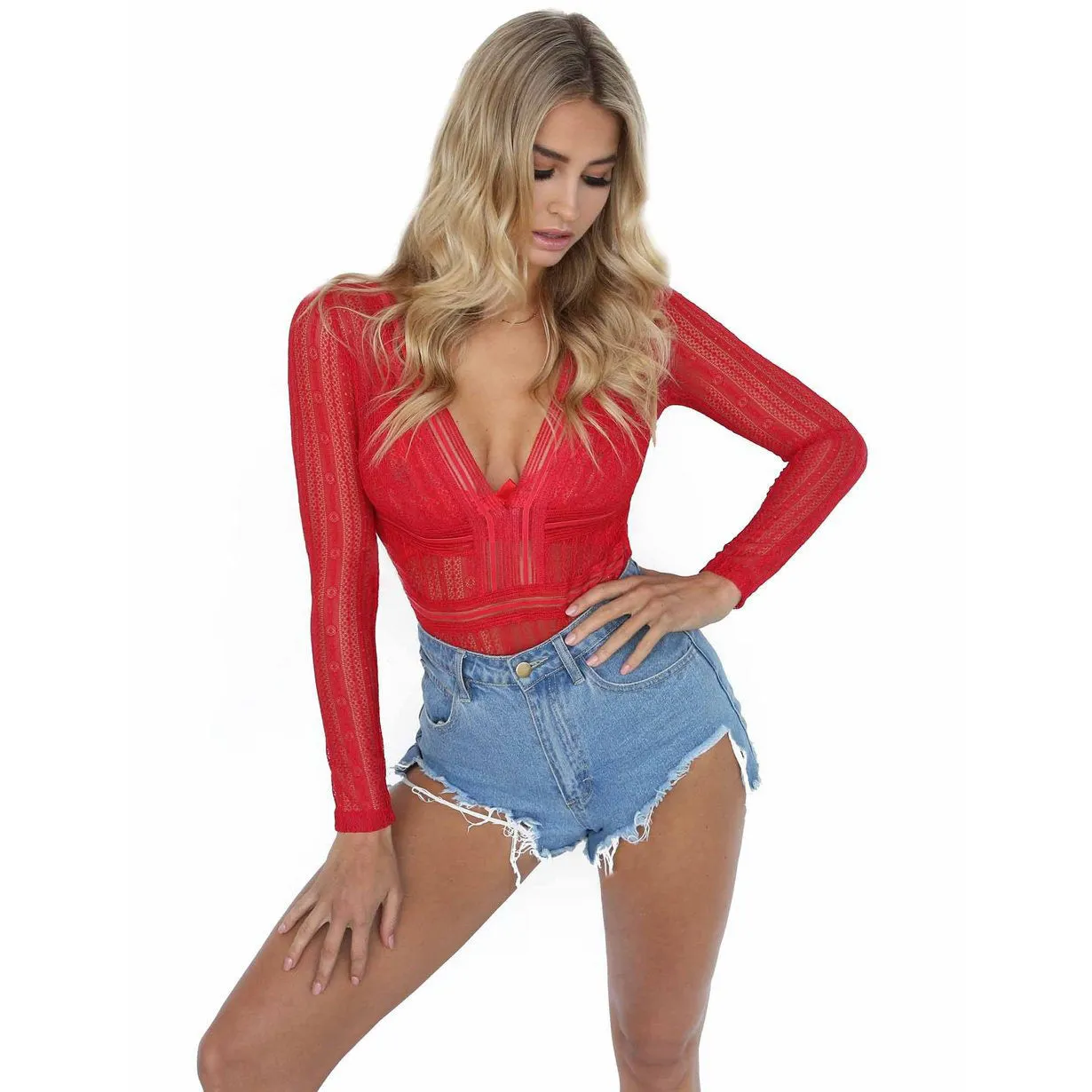 Hollow Transparent Long Sleeves V-neck Pure Color Open Back Bodysuit