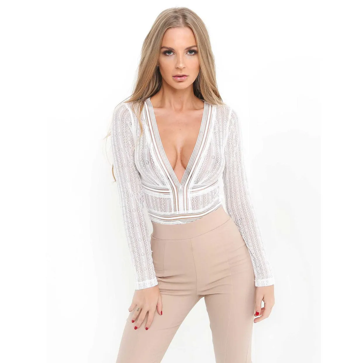 Hollow Transparent Long Sleeves V-neck Pure Color Open Back Bodysuit