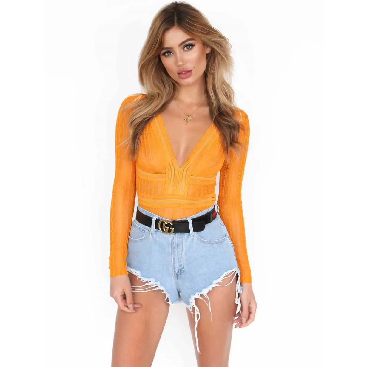Hollow Transparent Long Sleeves V-neck Pure Color Open Back Bodysuit