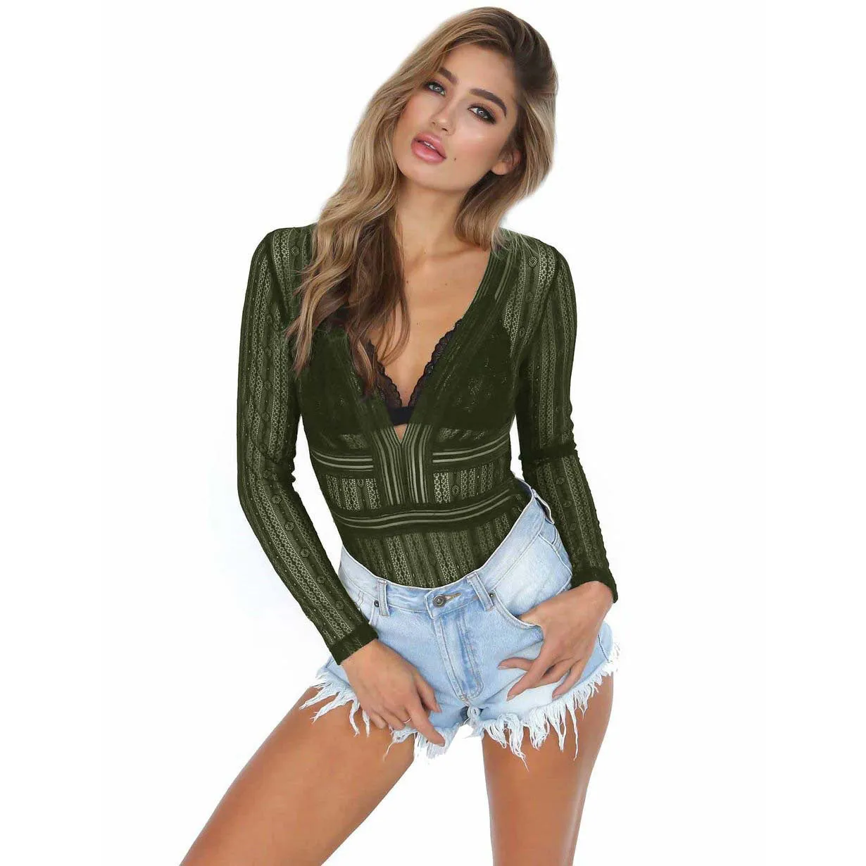 Hollow Transparent Long Sleeves V-neck Pure Color Open Back Bodysuit