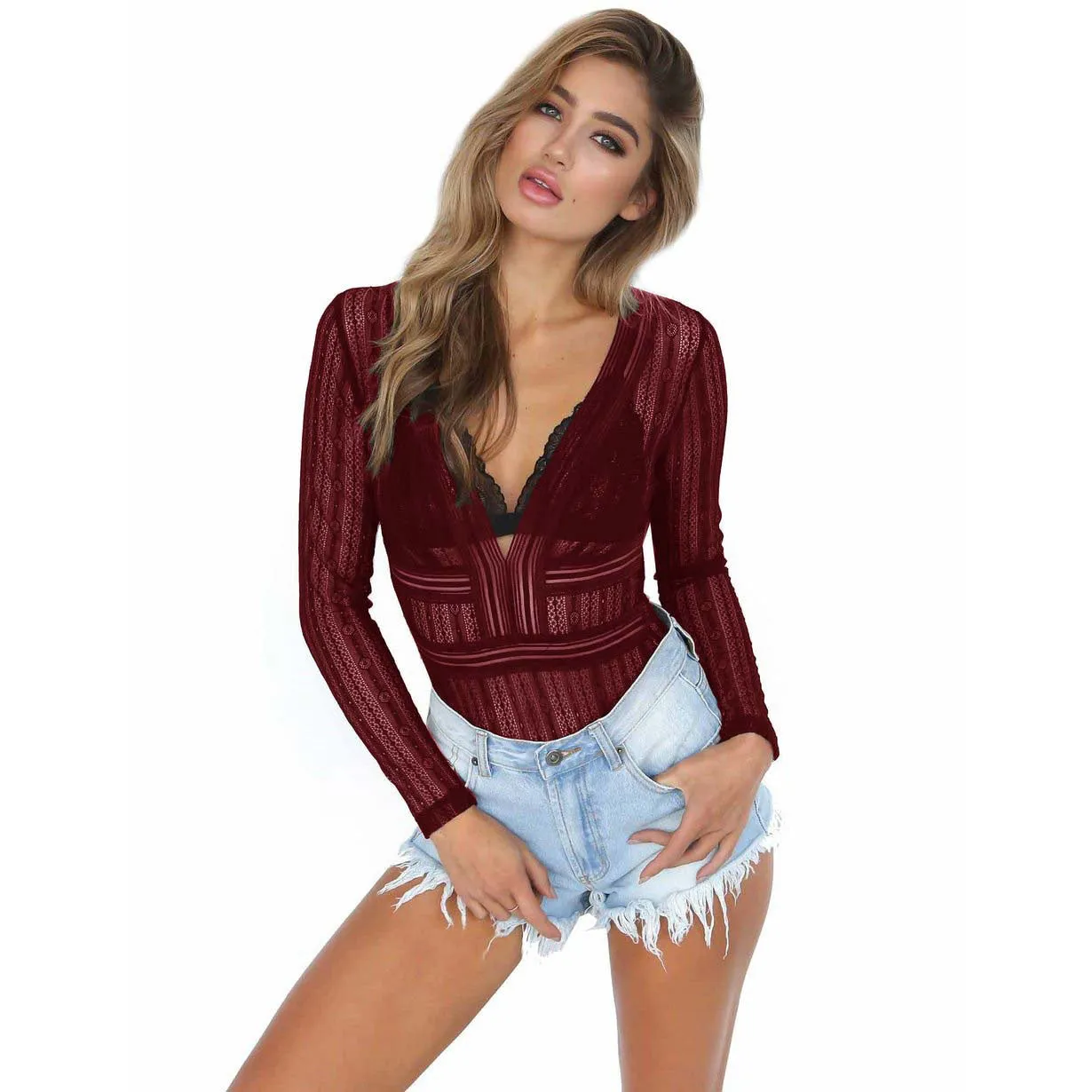 Hollow Transparent Long Sleeves V-neck Pure Color Open Back Bodysuit