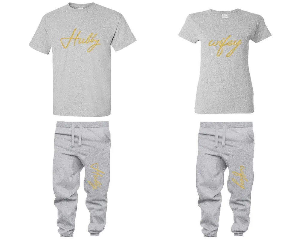 Hubby & Wifey Couple Matching T-Shirts & Jogger Pants – 4-Piece Set: Men’s and Women’s Styles Sold Separately in Gold Glitter Design