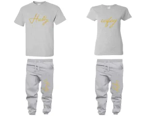 Hubby & Wifey Couple Matching T-Shirts & Jogger Pants – 4-Piece Set: Men’s and Women’s Styles Sold Separately in Gold Glitter Design