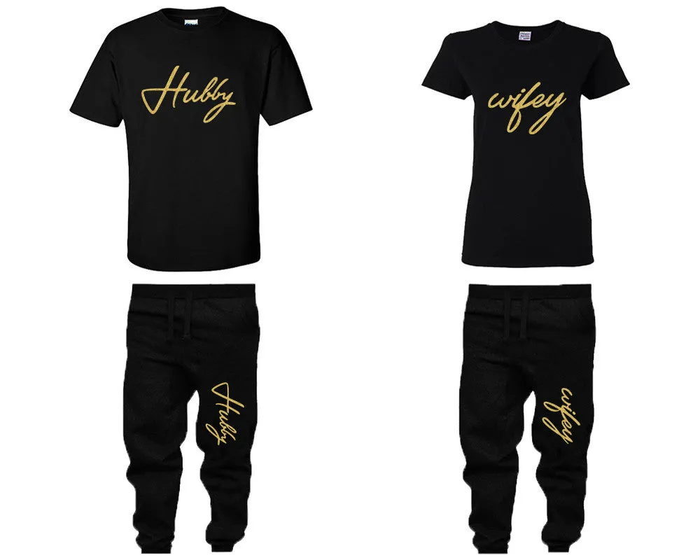 Hubby & Wifey Couple Matching T-Shirts & Jogger Pants – 4-Piece Set: Men’s and Women’s Styles Sold Separately in Gold Glitter Design