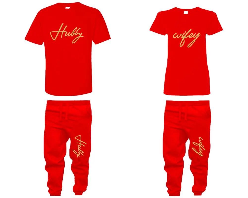 Hubby & Wifey Couple Matching T-Shirts & Jogger Pants – 4-Piece Set: Men’s and Women’s Styles Sold Separately in Gold Glitter Design