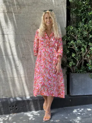 Jiva 50's Dress - Pink Blooms/ Orange  Print - Ramie