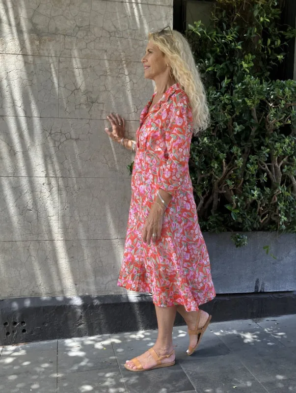 Jiva 50's Dress - Pink Blooms/ Orange  Print - Ramie