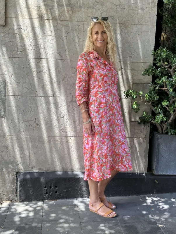 Jiva 50's Dress - Pink Blooms/ Orange  Print - Ramie