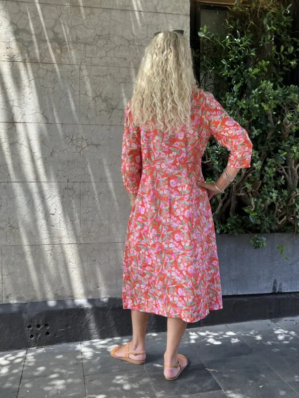 Jiva 50's Dress - Pink Blooms/ Orange  Print - Ramie