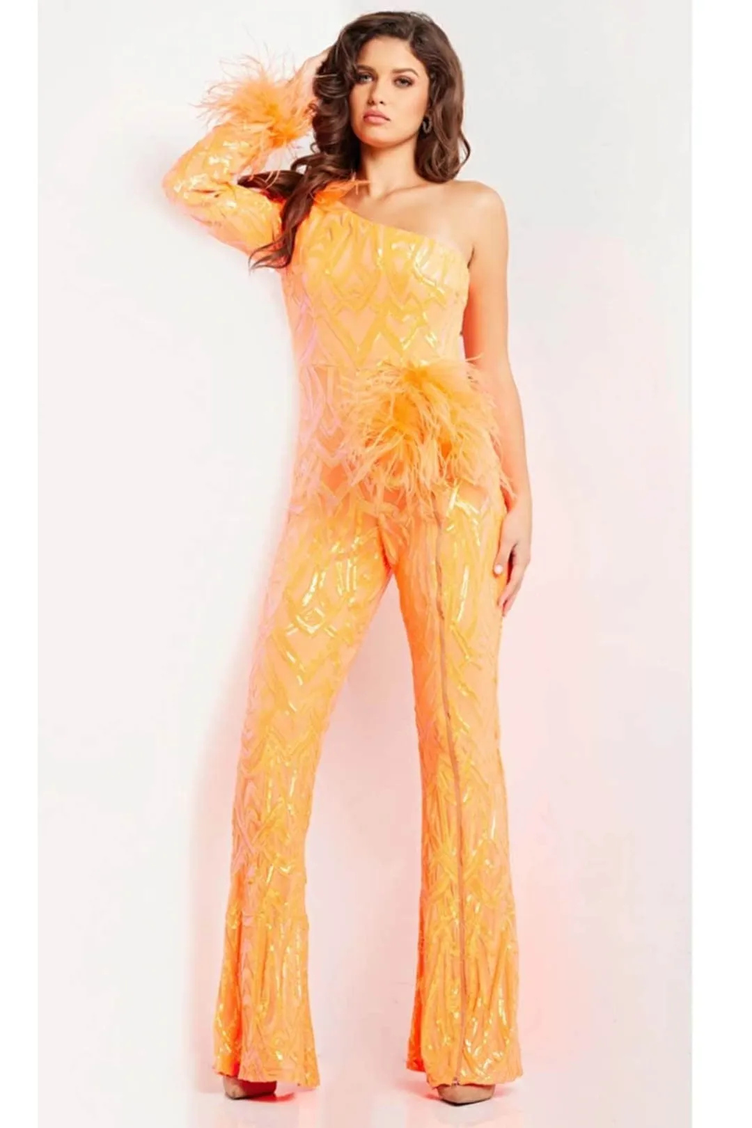 Jovani 23026 Sequin Jumpsuit for Women One Shoulder Feather Outfit