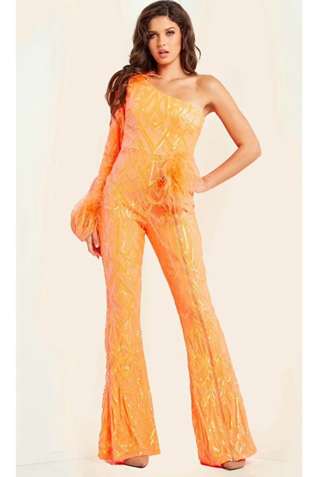 Jovani 23026 Sequin Jumpsuit for Women One Shoulder Feather Outfit