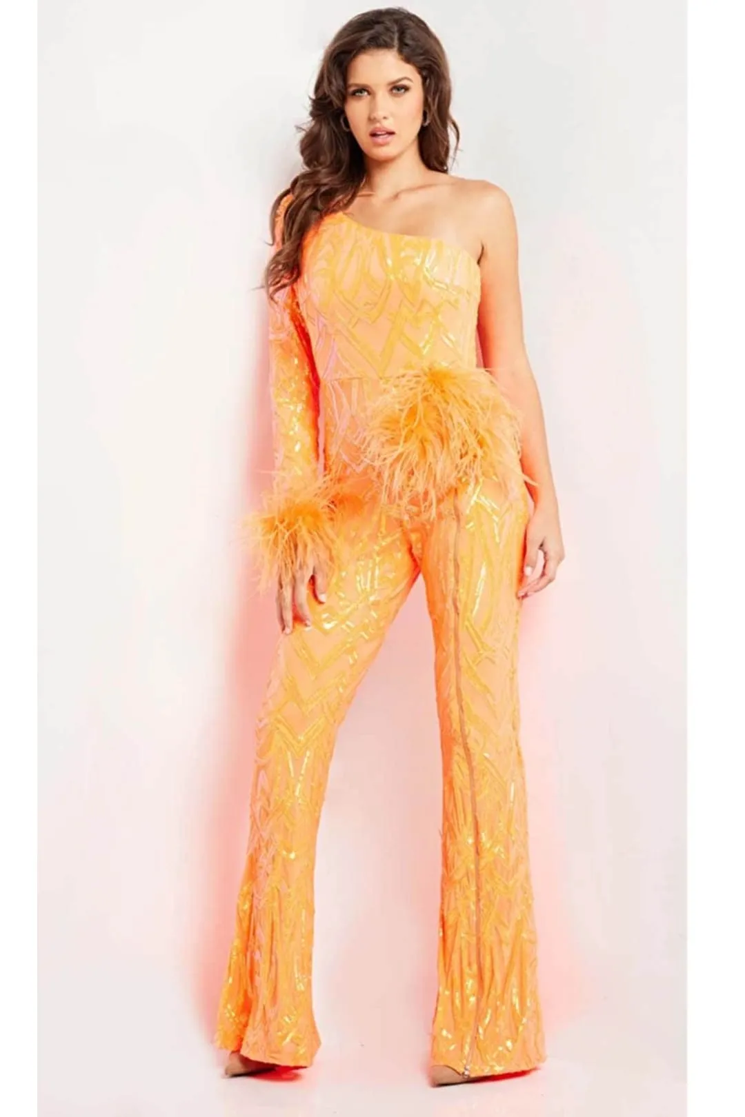 Jovani 23026 Sequin Jumpsuit for Women One Shoulder Feather Outfit