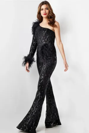 Jovani 23026 Sequin Jumpsuit for Women One Shoulder Feather Outfit