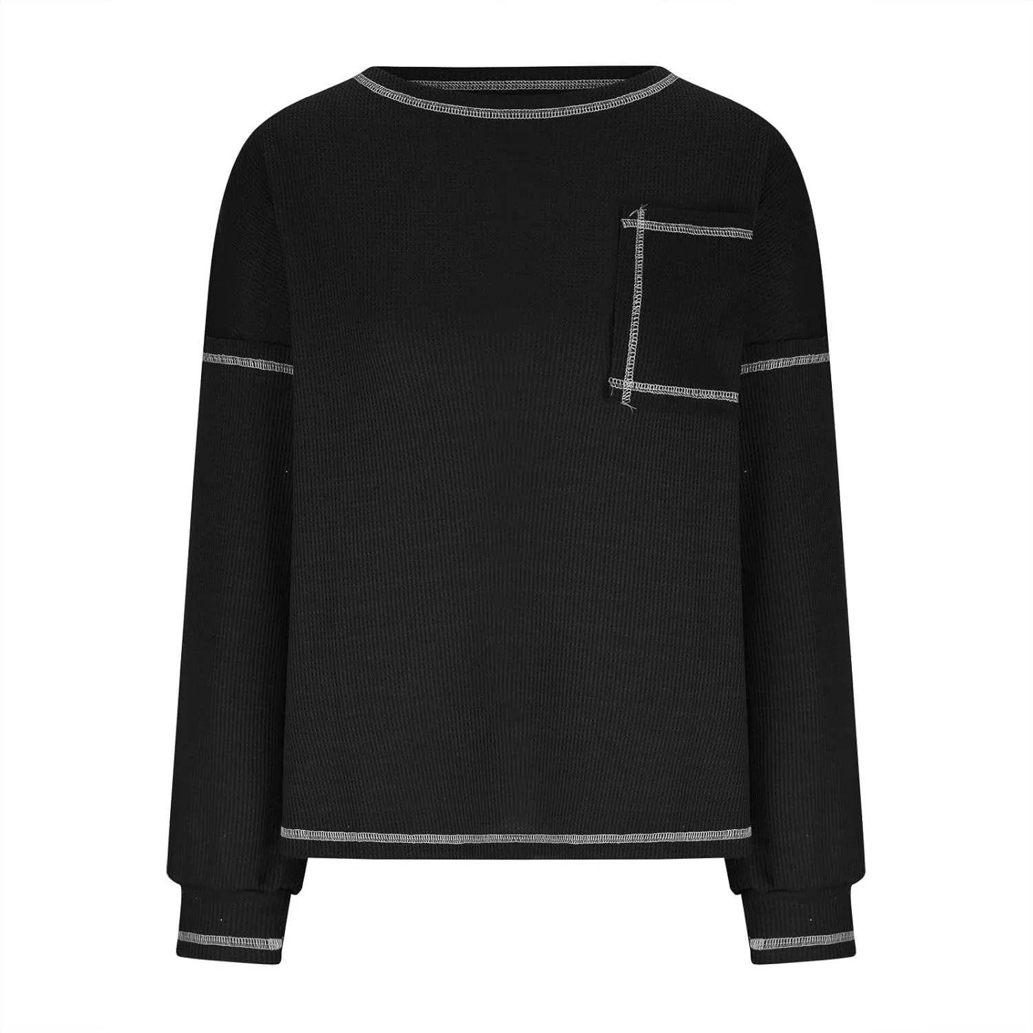 jovati 2024 Fall Fashion Versatile Clothes Womens Casual Crewneck Long Sleeve Shirt Loose Comfy Work Blouse With Pockets
